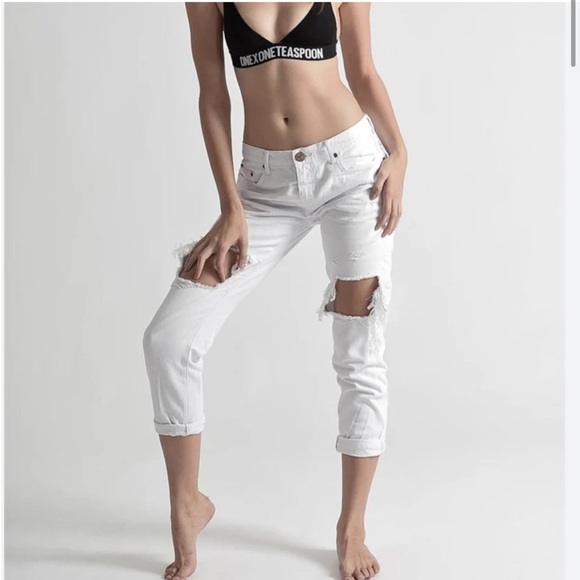 NWT One Teaspoon Awesome Baggies Relaxed Leg Rolled Cuff White Free Love Sz 26 - Picture 1 of 15